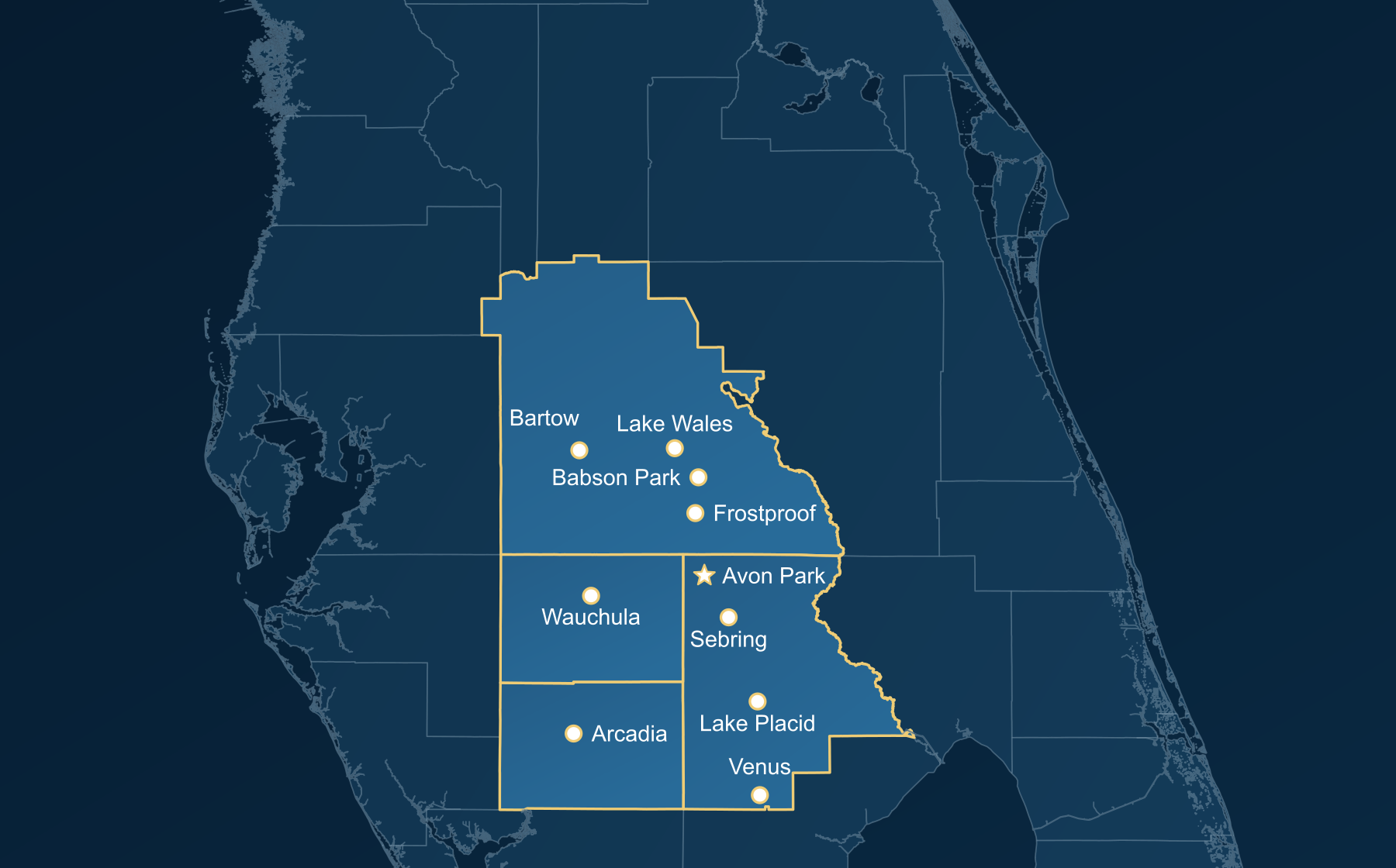 Map of Highlands, Polk, Hardee, and DeSoto counties, with a star marking Avon Park and dots marking Bartow, Lake Wales, Babson Park, Frostproof, Sebring, Lake Placid, Wauchula, Arcadia, and Venus.